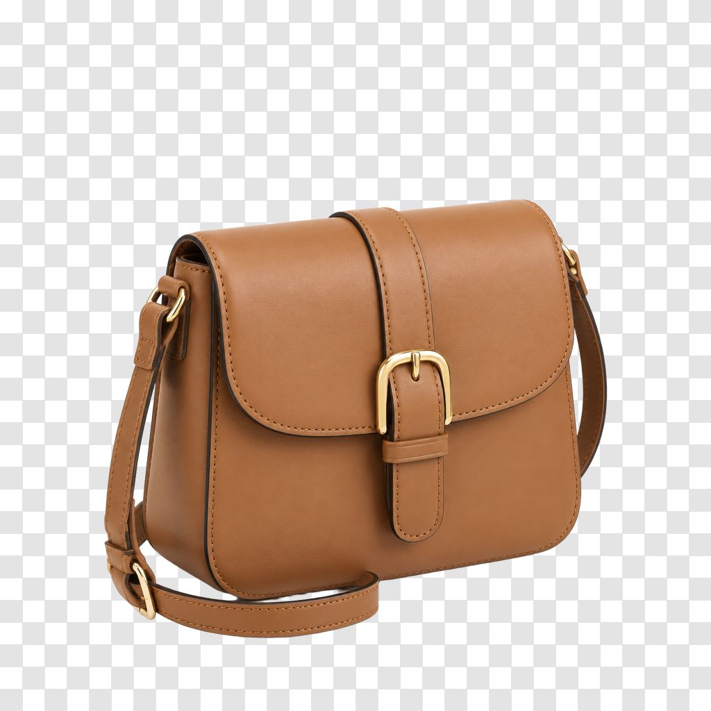 After: the same handbag cut out by AI background removal, shown on a transparent checkerboard background