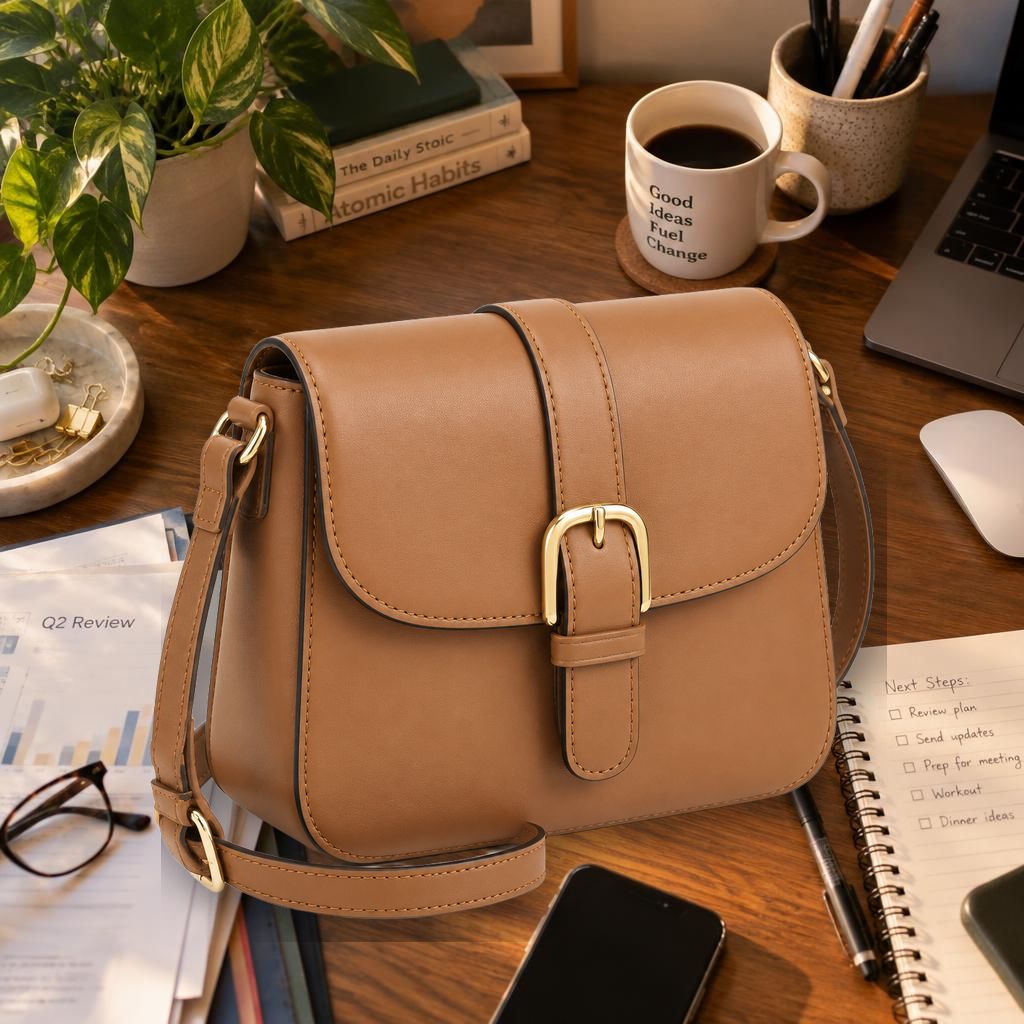 Before: tan leather handbag photographed on a cluttered office desk with papers and a laptop in the background