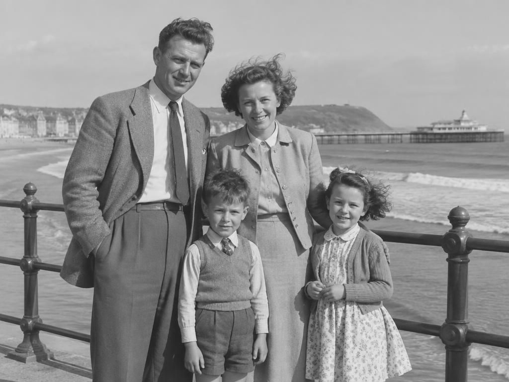 After: the same 1950s family photograph restored by AI, with damage removed and faces clear