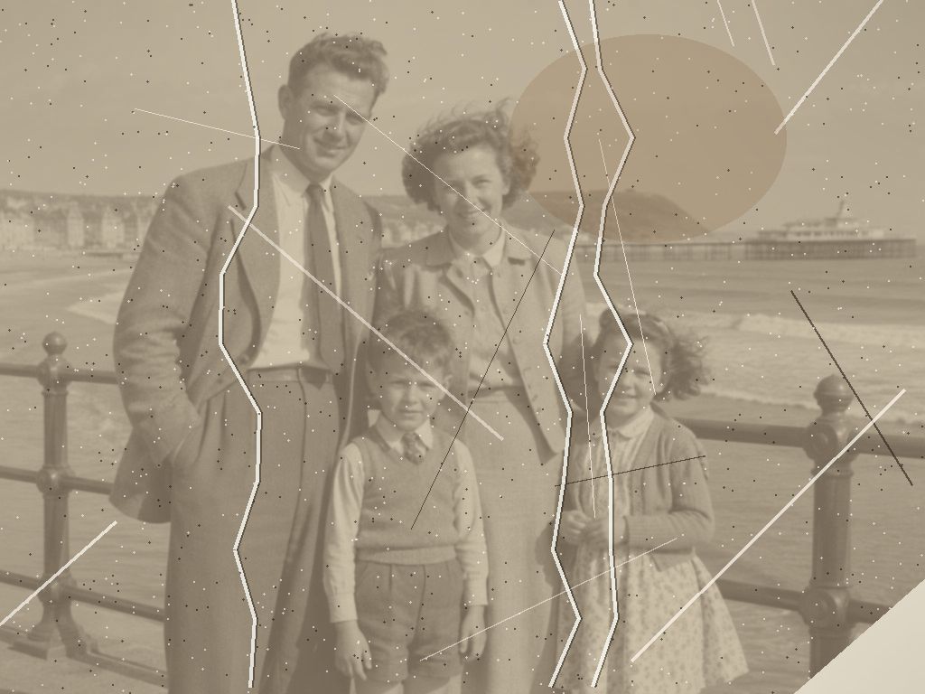 Before: scratched, creased and faded 1950s family photograph with water damage and torn corners