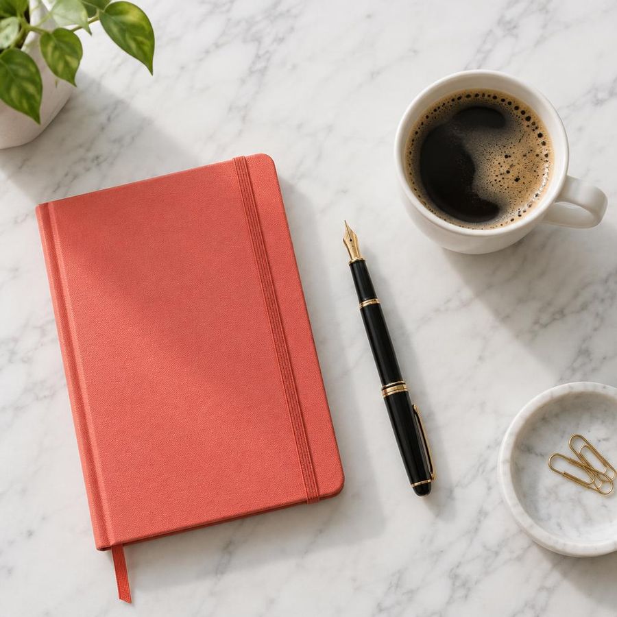AI-generated product shot of a coral-red notebook on a pale desk with soft studio lighting