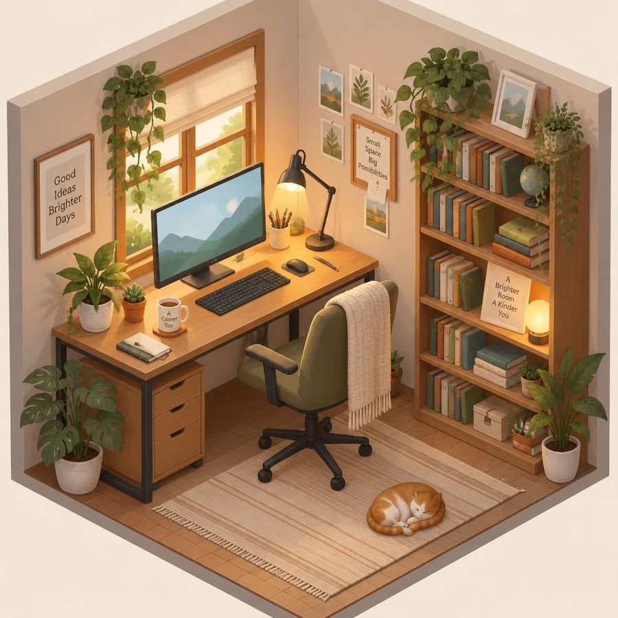 AI-generated isometric illustration of a small, bright home office with plants and a laptop