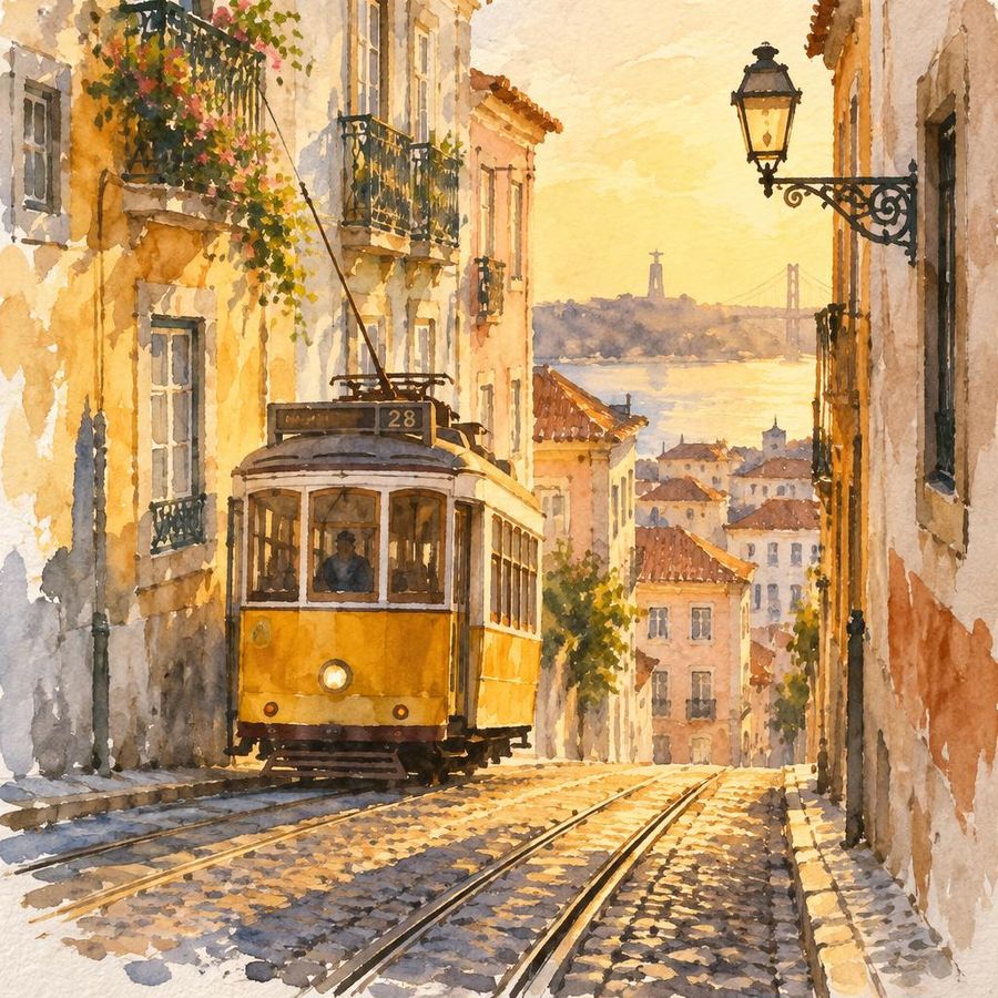 AI-generated photo-style image of a yellow tram climbing a narrow, sunlit street in Lisbon